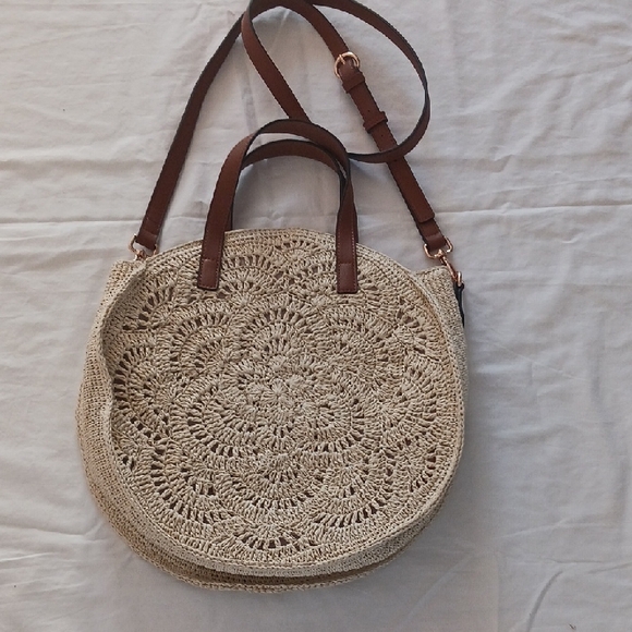 LC Lauren Conrad Handbags - LC Lauren Conrad Cream Woven Round Shoulder Bag with Brown Straps
